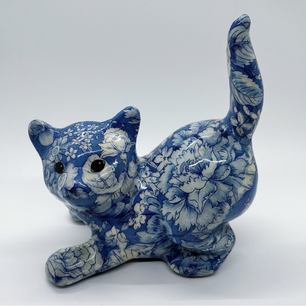 Joan Baker Porcelain Patchwork Vintage Decoupage Blue Floral Ceramic Cat Figure